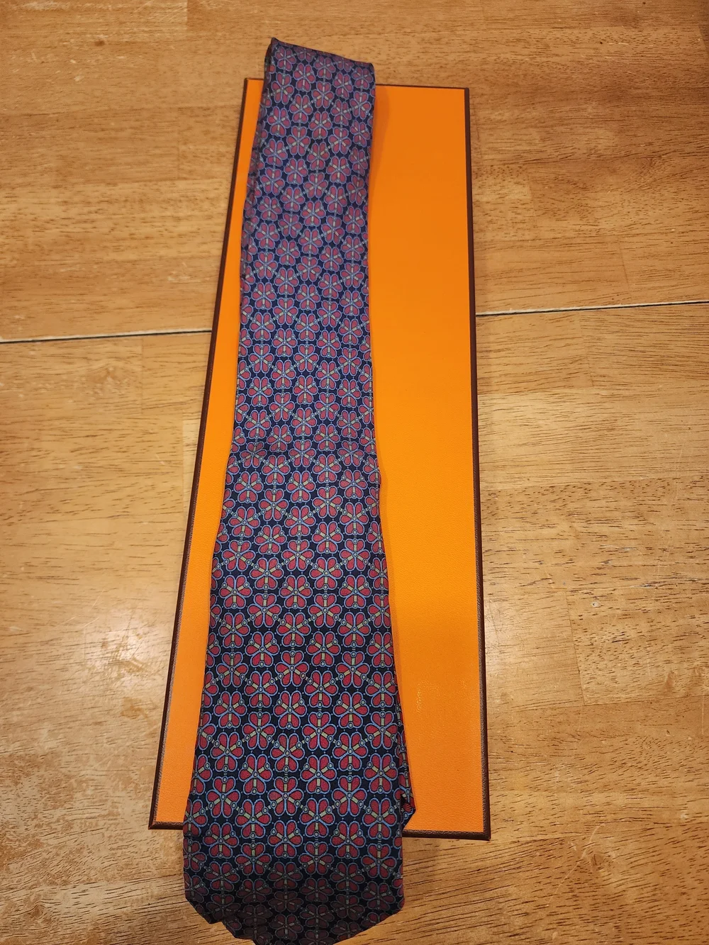 Hermes Navy & Red Floral Silk Tie